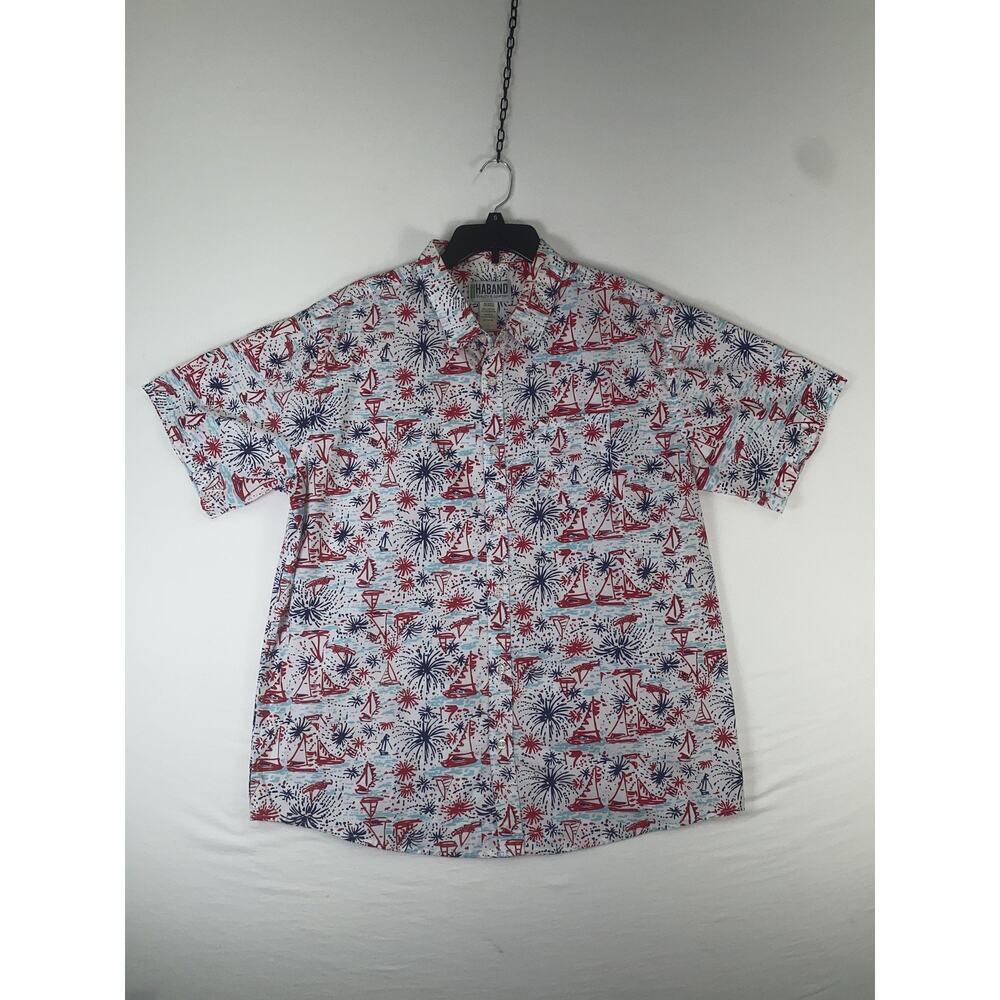 Haband Shirt Mens Large Multicolor Patriotic Nautical Short Sleeve Button Up
